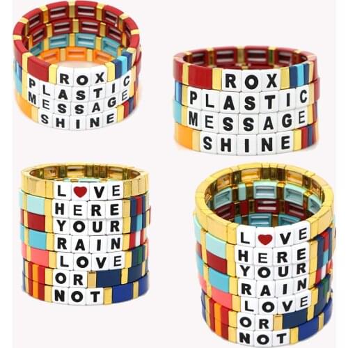 BD010 Bohemian Engraved Letter Love Here Shine Rain Enamel Bracelet Handmade DIY Word Beaded Stretch Alloy Bracelet Jewelry