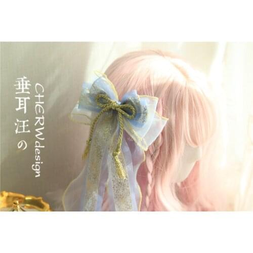 Mori Girl Sweet lolita Handmade Original design aurora lovely Big Bowknot Long Ribbon French style Tea Party Cos Headwear Props