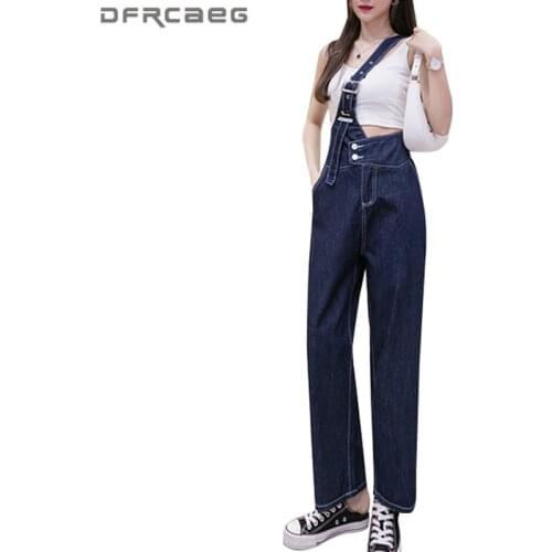 Deep Blue Vintage One Shoulder Suspender Jeans Woman Summer 2021 High Waist Ladies Denim Strap Jean Pants Feminino