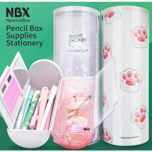 Cute cat large capacity pencil case Kawaii canvas pencilcase transparent quicksand pencil caseFor girls and boys gift school
