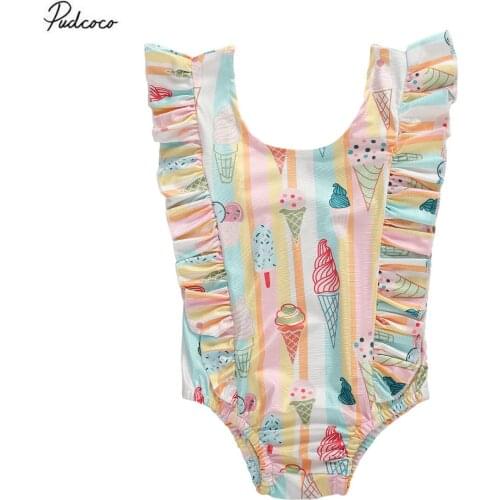 2020 0-4Y Swimsuit Cute Toddler Baby Girl Romper Swimwear Ice Cream Print Ruffle Tankini Swimming Summer Clothes Beach Bathing