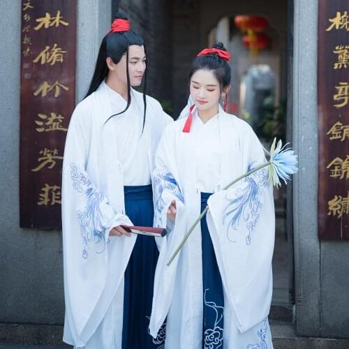 Ancient Chinese Costume Men Women Performance Outfit Tang Dynasty White Hanfu Coat Traditional Classical Dance Clothes DNV12453