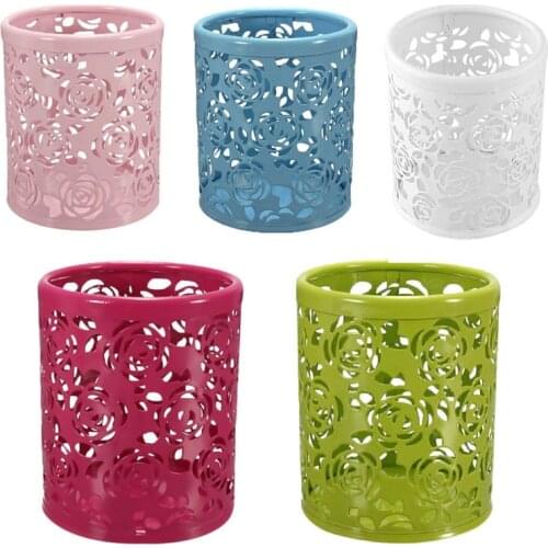 Metal Hollow Rose Flower Design Cylinder Pen Pencil Pot Holder Container Vintage Women Makeup Brush Holders DU55