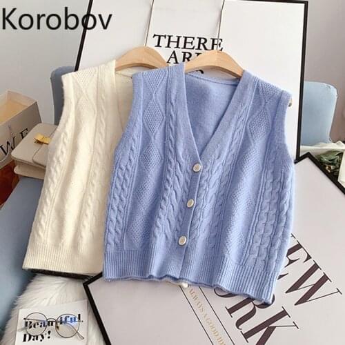 Korobov 2021 New Preppy Style Women Cardigans Korean Single Breasted Sleeveless Cardigan Sweaters Autumn Vest Knitted Sweater