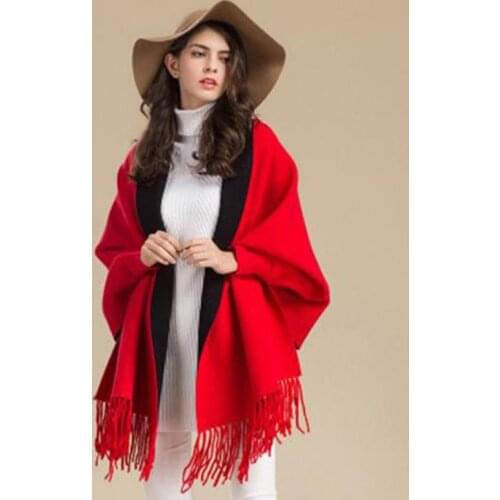 Women Winter Poncho With Sleeve Shawls And Wraps Pashmina Red Thicken Scarf Stoles Femme Hiver Warm Reversible Ponchos And Capes