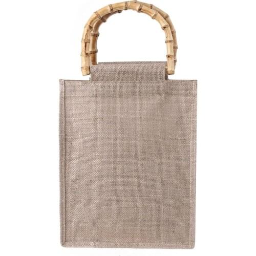 Portable Burlap Jute Shopping Bag Handbag Bamboo Loop Handles Reusable Tote Grocery Bags for Women Girls