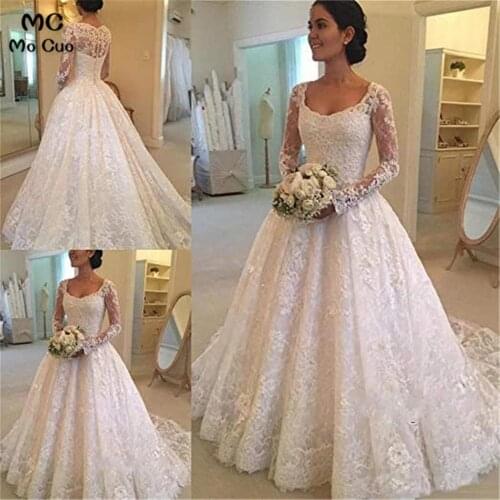 Sheer Lace Long Sleeves Wedding Dress for Bride Scoop Bridal Dresses Bride Gown Puffy Wedding Dresses