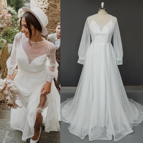 Transparent Polka Dots Tulle Wedding Gowns Long Sleeves Custom Made 2021 A Line Beach High Split Illusion Boat Neck Bridal Dress