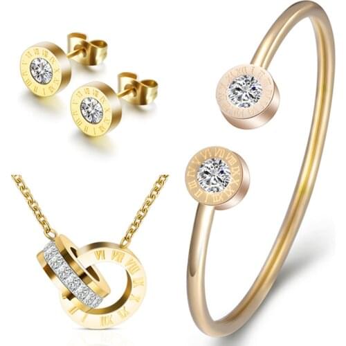 Luxury Roman Numeral Necklace Earring Bracelet Set For Women Wedding Party Stainless Steel Wedding Jewelry Set Gift Box T001