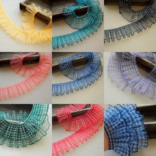 5Meters 8Colors 7CM wide mesh printing small lattice grid pleated lace trims handmade DIY confused doll skirt lengthened