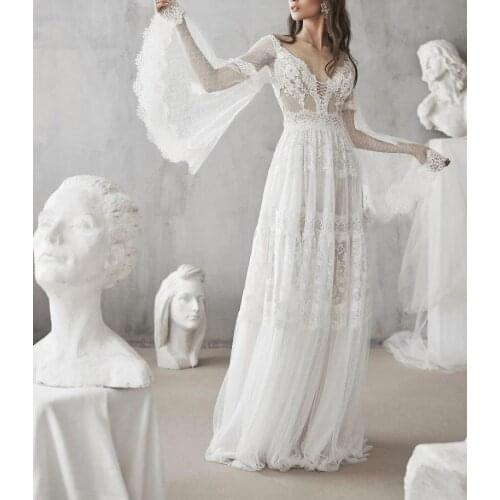 Boho Lace Wedding Dresses for Bride 2021 Double V Neck Long Flare Sleeve Bridal Gowns vestido de noiva