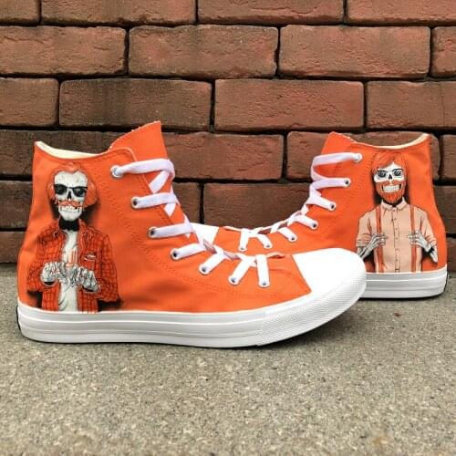 Wen Original Design Red Hair Trendy Males Skull Skeletons Hand Painted Shoes Orange High Top Unisex Canvas Sneakers Sport Shoes