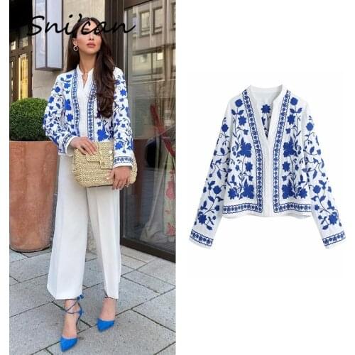 Snican Porcelain Embroidery Female Blouse Za 2021 Women Chic Tops Casual Shirts Chemisier Femme Spring Femme Chandails Blusas