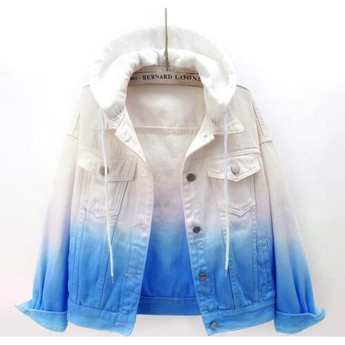 2021 Fashion Gradient Color Denim Jacket Women Spring Autumn Korean Casual Students Hooded Jeans Coat Female Loose Clothes G835