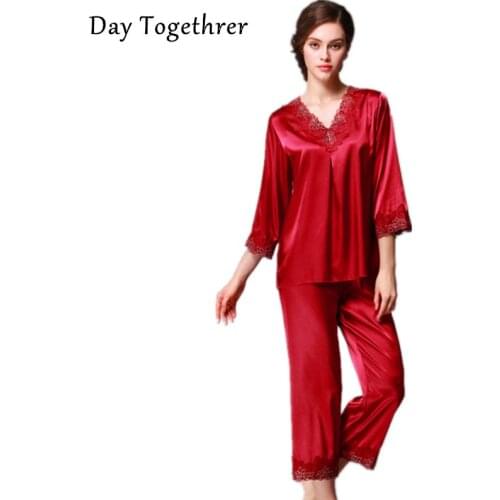 Women Sleepwear Pajamas Satin Silk Plus Size Female Summer Short Sleeve Lace Shirts + Pants 2pcs sets Nightwear Ladies