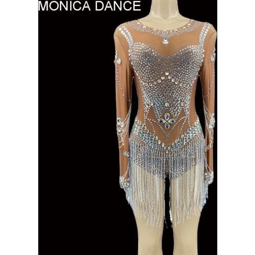 Sexy Sparkly Rhinestones Tassel Bodysuit Women Performance Dance Costume Stage Wear Wedding Birthday Party Leotard Bodysuit