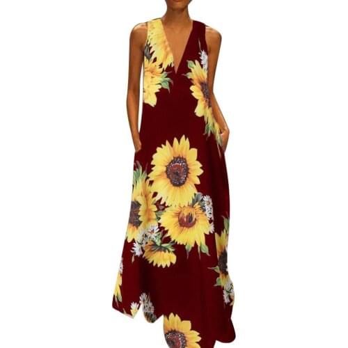 Women Fashion Dresses Sexy Boho Summer V Neck Sleeveless Sunflower Print Large Hem Pockets Long summer Max dress 2021