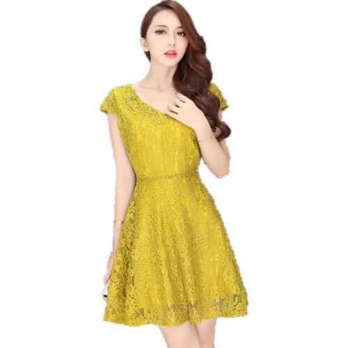 New Summer Women Sexy V-Neck Short Sleeve Slim Mini Dress Plus Size Women Clothing Fashion Hollow Out Lace Dress