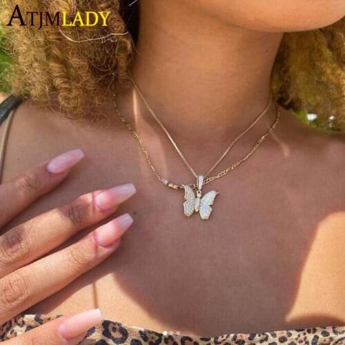 Gold color micro pave 5A cubic zirconia paved cute lovely butterfly charm women fashion minimal delicate necklace
