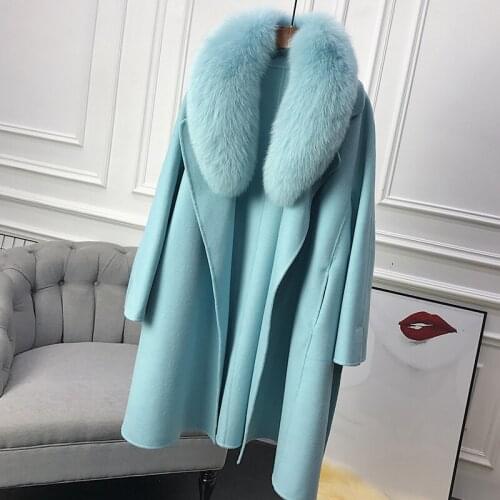 2020 Real Fur Coat Winter Thick Jacket Belt Ladies Streetwear Women Natural Fox Fur Collar Cashmere Wool Blends Long Outerwear