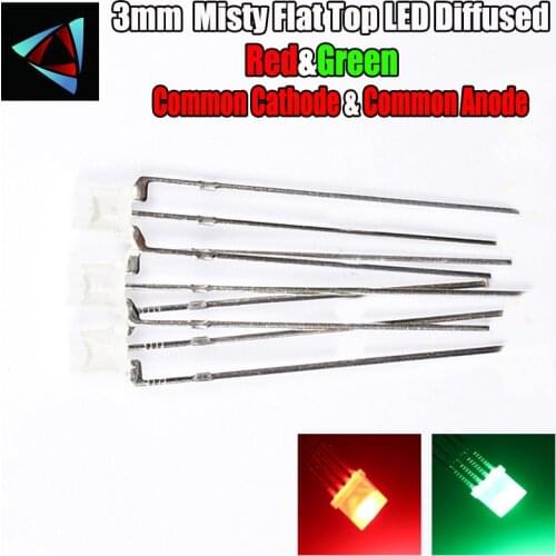 50pcs LED 3MM Flat Top Diffused Green And Red Common Cathode Anode 3 Pin Round Bi-Color Through Hole Light-Emitting Diode