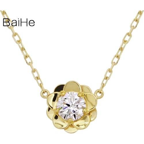 BAIHE Solid 18K Yellow Gold 0.08ct H/SI Natural Diamonds Women Trendy Fine Jewelry Simple casual flower diamond Necklaces