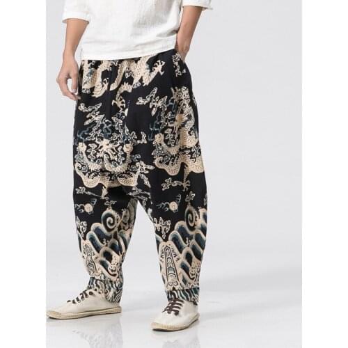 Chinese Dragon Pattern Printed Cotton Trousers Nepal Loose Linen Pants Men Soft Natural Flax Pants Elastic Waist Comfortable