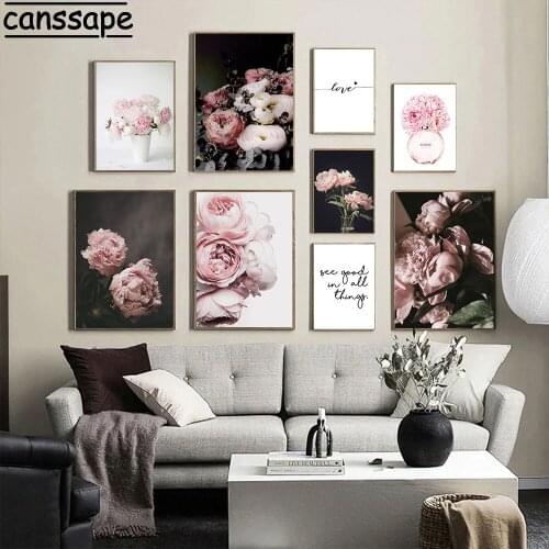 Peony Flowers Wall Art Canvas Painting Fashion Poster Perfume Bottle Print Pink Flower Posters Quotes Pictures Living Room Decor