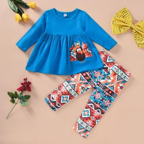 FOCUSNORM 2pcs Thanksgiving Day Kids Girls Clothes Sets Turkey Printed Long Sleeve Tops Trousers Pants 0-4Y