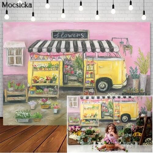 Spring Truck Flowers Shop Backdrop Newborn Baby Kids Portrait Photo Props Studio Booth Background Birthday Cake Smash Photoshoot