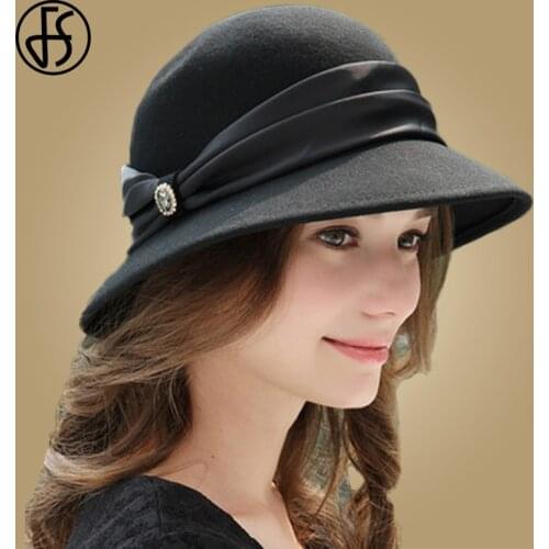 FS Elegant Wool Felt Fedora Women Wide Brim Bowler Cloche Hat Black Winter Lady Church Hats Chapeau Femme Caps Wine Red