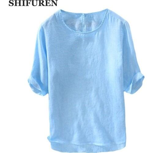 SHIFUREN Thin Breathable Summer Pure Linen T shirts Men Short Sleeve Round Collar Male Causal Basic Tops Tees Solid Color