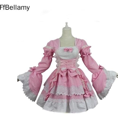 Cotton White Lace Cosplay Suits Bow Tie Ruffle Layer Knee Length Dress