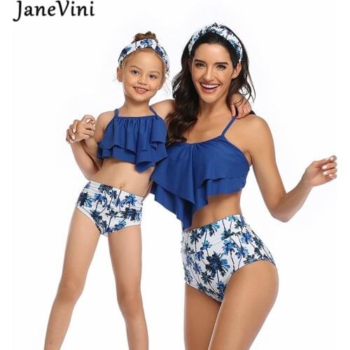 JaneVini Woman Blue High Waist Parent-child Swimsuit Black Floral Print Mother and Daughter Bathing Suits Bikini Femme 2020 Set