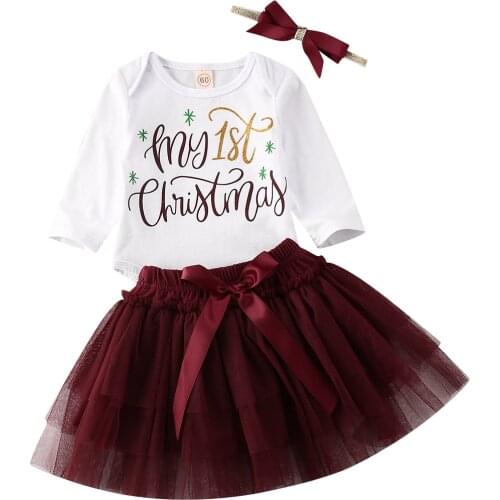 Newborn Baby Girl My First Christmas Long Sleeve Romper Tutu Skirt Headband Infant Girls 3Pcs Xmas Outfits Clothing Set 0-18M