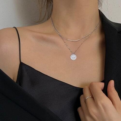 Cool Fashion Letter Round Double-layer 925 Sterling Silver Clavicle Chain Necklace For Women Fashion Hip Hop Jewelry Dainty