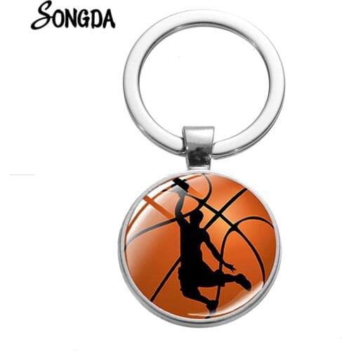 Fashion Playing Basketball Photo Keychain Football Team Souvenir Glass Cabochon Key Chain Sports Keyring for Ball Lovers