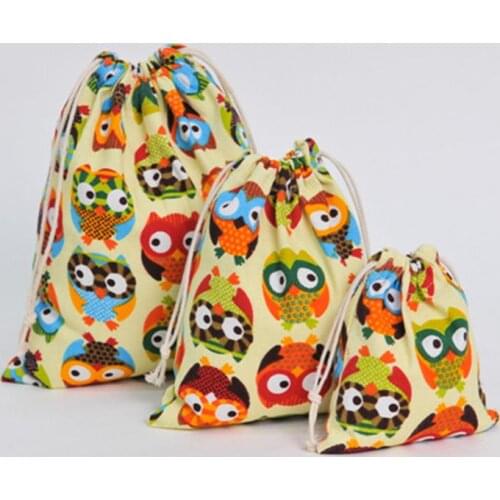 Cartoon Owl Drawstring Storage Bags Canvas Pouch Gift Candy Tea Jewelry Sundries Organizer Makeup Cosmetic Coins Keys Bags S/M/L