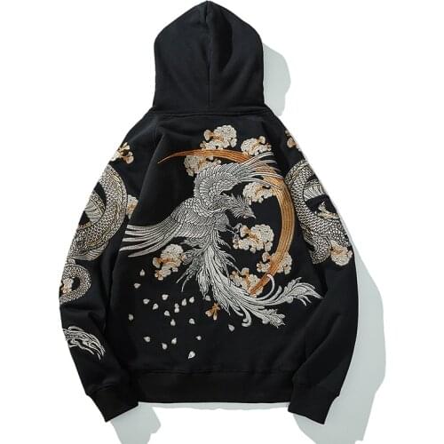 Autumn/winter Chinese style heavy embroidered dragon/phoenix feather heavy hooded hoodie Japanese yokosuka long-sleeved coat men
