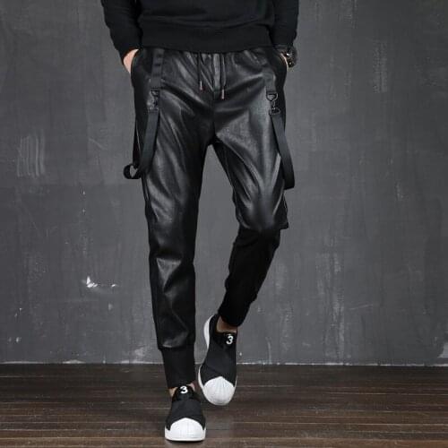 Autumn Mens Leather Pants Slim Elastic Waist Beam Foot Black Ribbon Wash Leather Pants Ropa De Hombre 2020 Streetwear