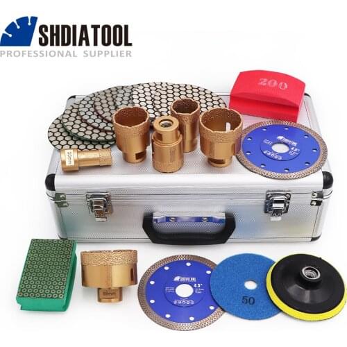 SHDIATOOL 1set/19pcs Diamond Hole Saw Drill Bit Vacuum Brazed Golden M14 20/35/38/43/50/68mm & Polishing Pads And Back Pad Set