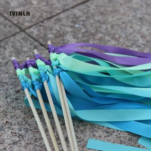 Newest 50pcs/lot Purple and blue wedding ribbon wands with 8pcs stain ribbon bell for wedding decoration