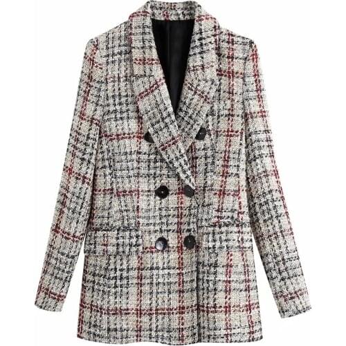 ZA Women 2020 Fashion Double Breasted Tweed Check Blazers Coat Vintage Long Sleeve Pockets Female Outerwear Chic Tops