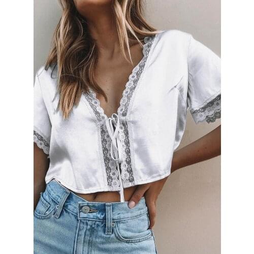 Sexy Casual Women Fashion Lace Silk Satin Patchwork Short Sleeve V Neck Crop Top Shirt Blouse Tops