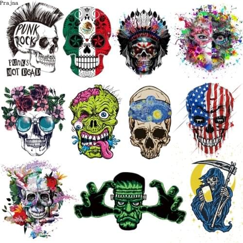 Prajna Punk Skull Rock Iron On Transfers Vynil Heat Transfer Grim Reaper Thermal Patches For Clothing Applique DIY Cloth T-shirt