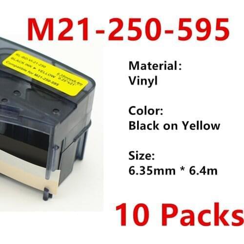 10 Pack M21 250 595 Vinyl Label Ribbon Black on Yellow For BMP21 PLUS Printer Black On White M21-250-595 6.35mm * 6.4m