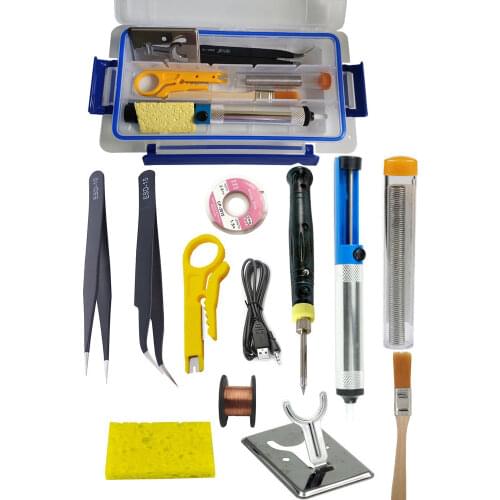 USB soldering iron kit portable 5V 8W YUSB mini welder set with plastic case including tweezers desoldering pump solder wire