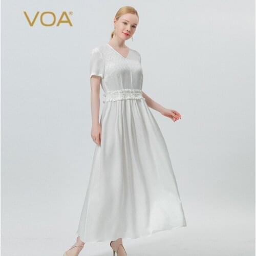 VOA Silk Jacquard Summer Dress Womens Clothing 2021 AE905 V-Neck Short Sleeve Backless Wood Ear Fold Ivory White Party Dresses