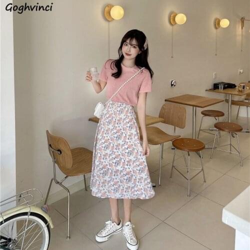 Skirts Women Vintage Floral Mid-calf High Waist A-line Summer Elegant Casual Fashion Korean Style Holiday All-match Prairie Chic