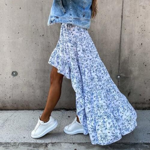 Summer High Waist Irregular Skirts Floral Print Women Elastic Waist Ruffles A-Line Long Skirt 2021 New Casual Boho Beach Faldas